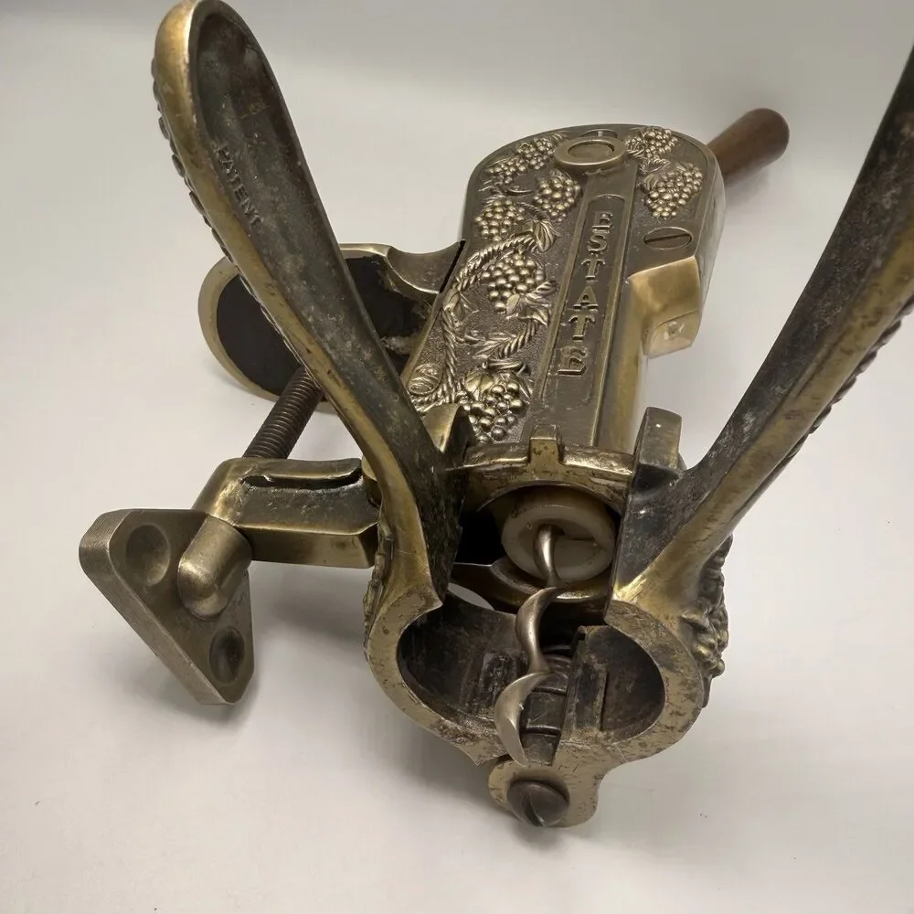Vintage Estate Brass Clamp-On Wine Bottle Corker Tabletop Grapevine Opener